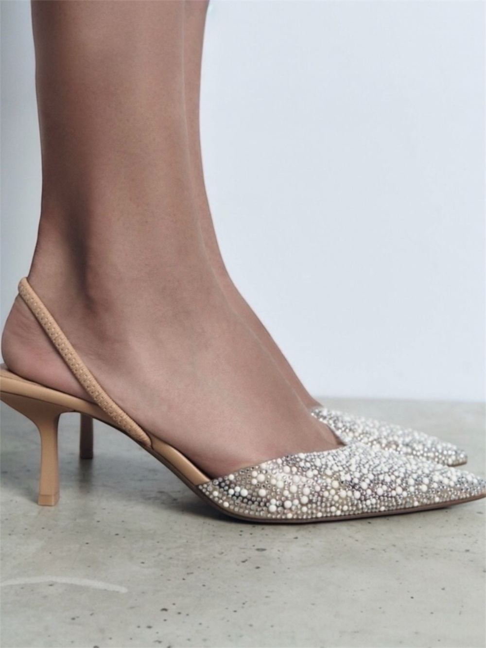 Zara Women's Pearl Rhinestone Embellished Pointed Toe Tan Slingback Heels Size 7